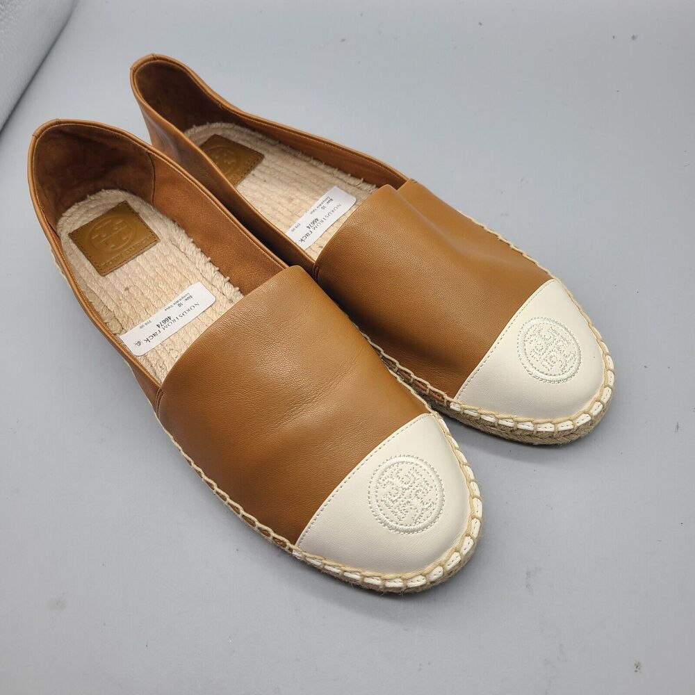 TORY BURCH Sz 10 women flats Color Block  espadrille tan/ off white leather new